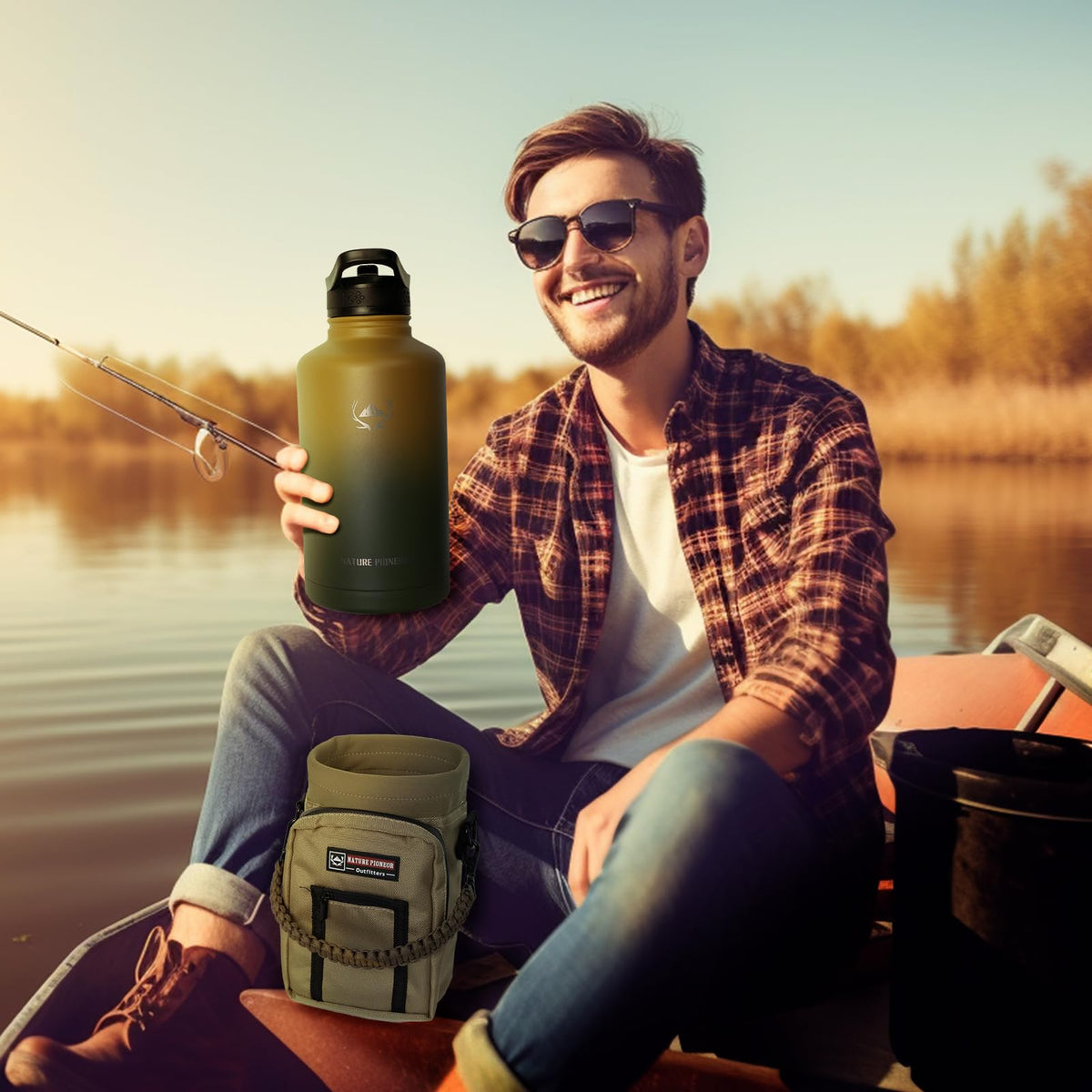 64 oz Insulated Water Bottle with Carrier Bag & 3 Lids (Forest Green / 64 Ounces)