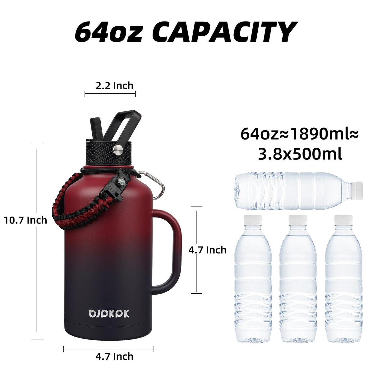 64oz Insulated Water Bottle with Straw Lid Large Stainless Steel Jug (Charming Red / 64oz-Side Handle)