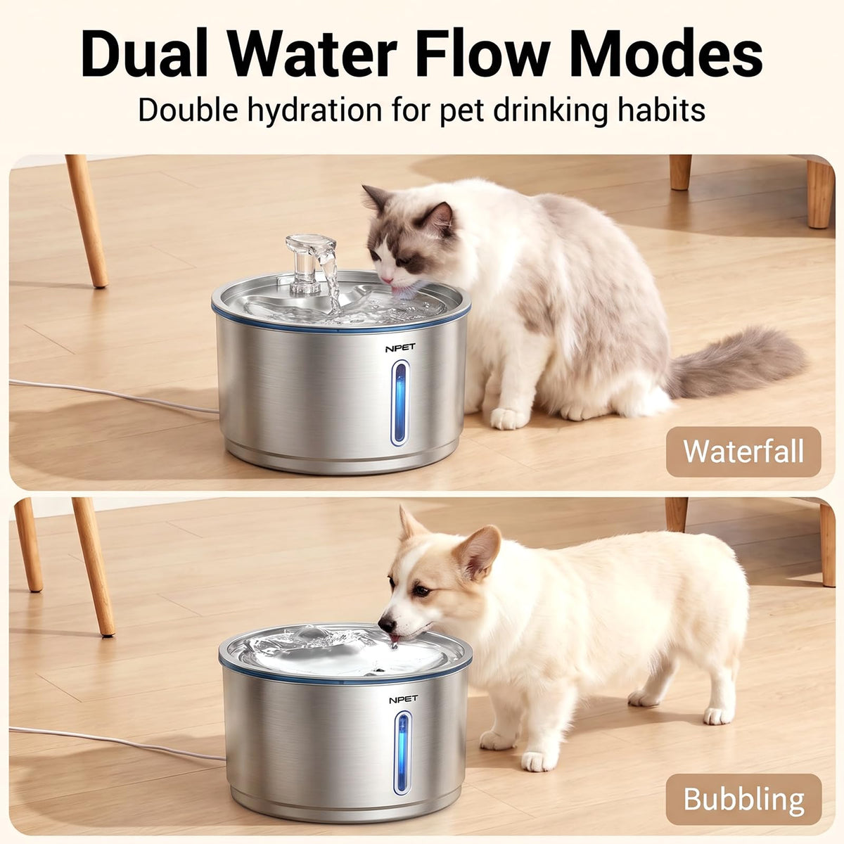 Stainless Steel Cat Water Fountain with 3 Replacement Filters