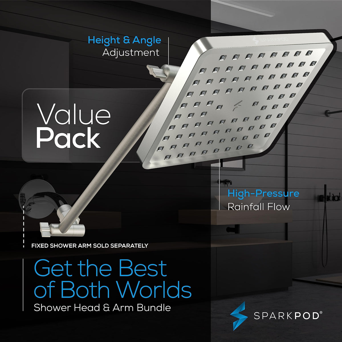 8" Square Rain Shower Head with 16" Shower Arm (2. Elegant Brushed Nickel)