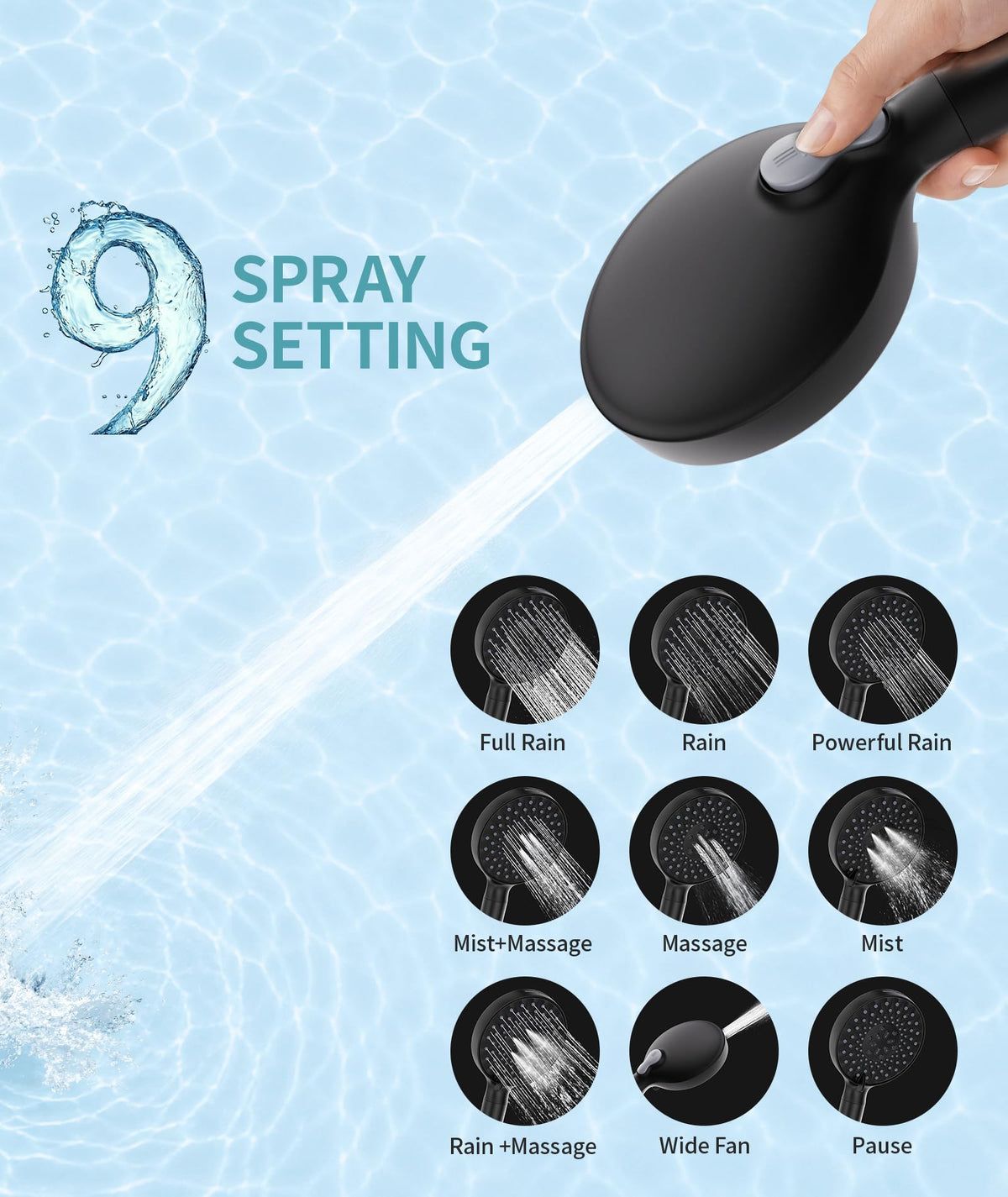 Filtered Shower Head with Handheld High Pressure 9 Spray Mode Showerhead Detachable Shower Head Water Softener Filters Beads for Hard Water Remove Chlorine 4 Filters Black (Black)