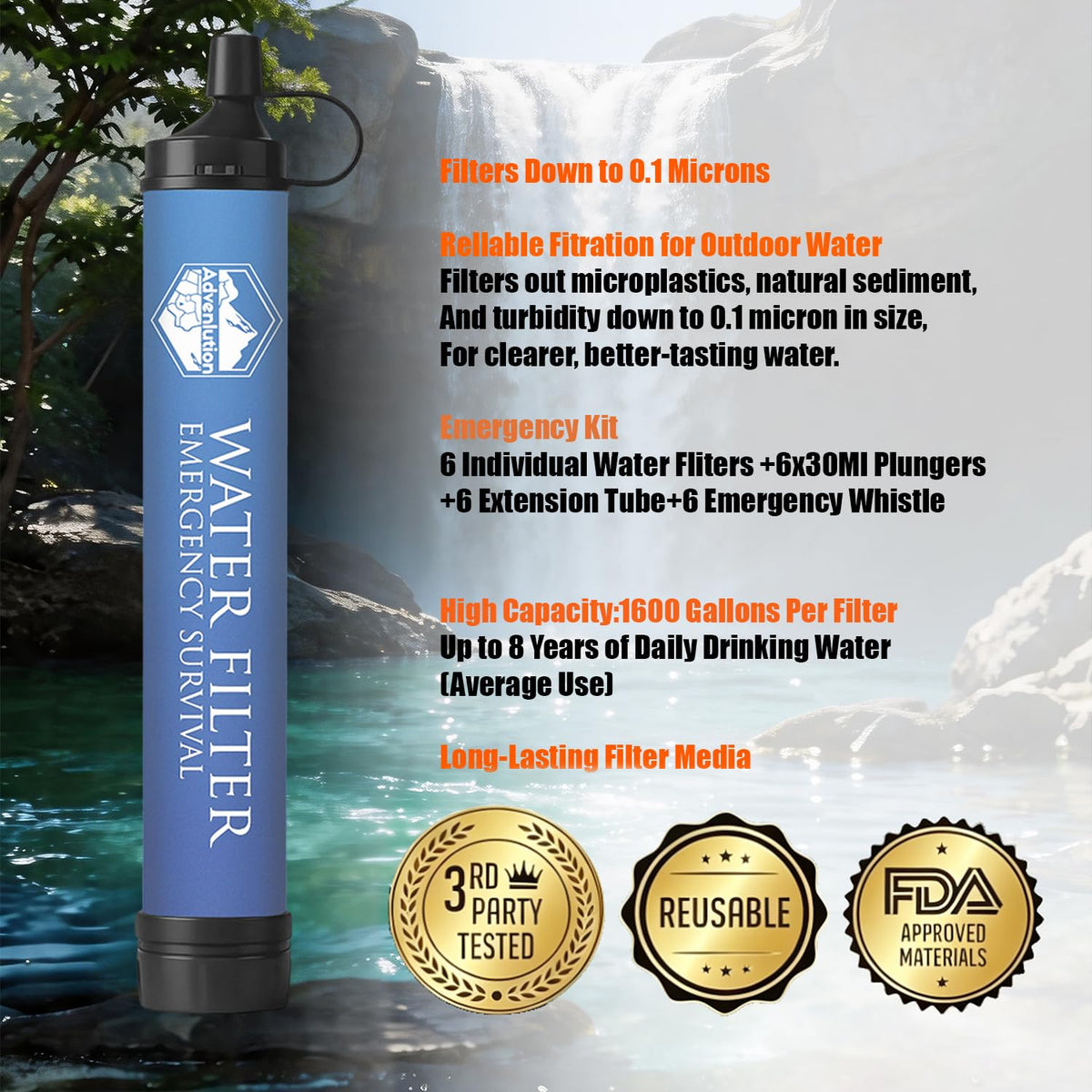 6 Pack Water Filter Straw with Emergency Whistle Survival for Outdoor (6-Pack(Blue) / 6-Pack)