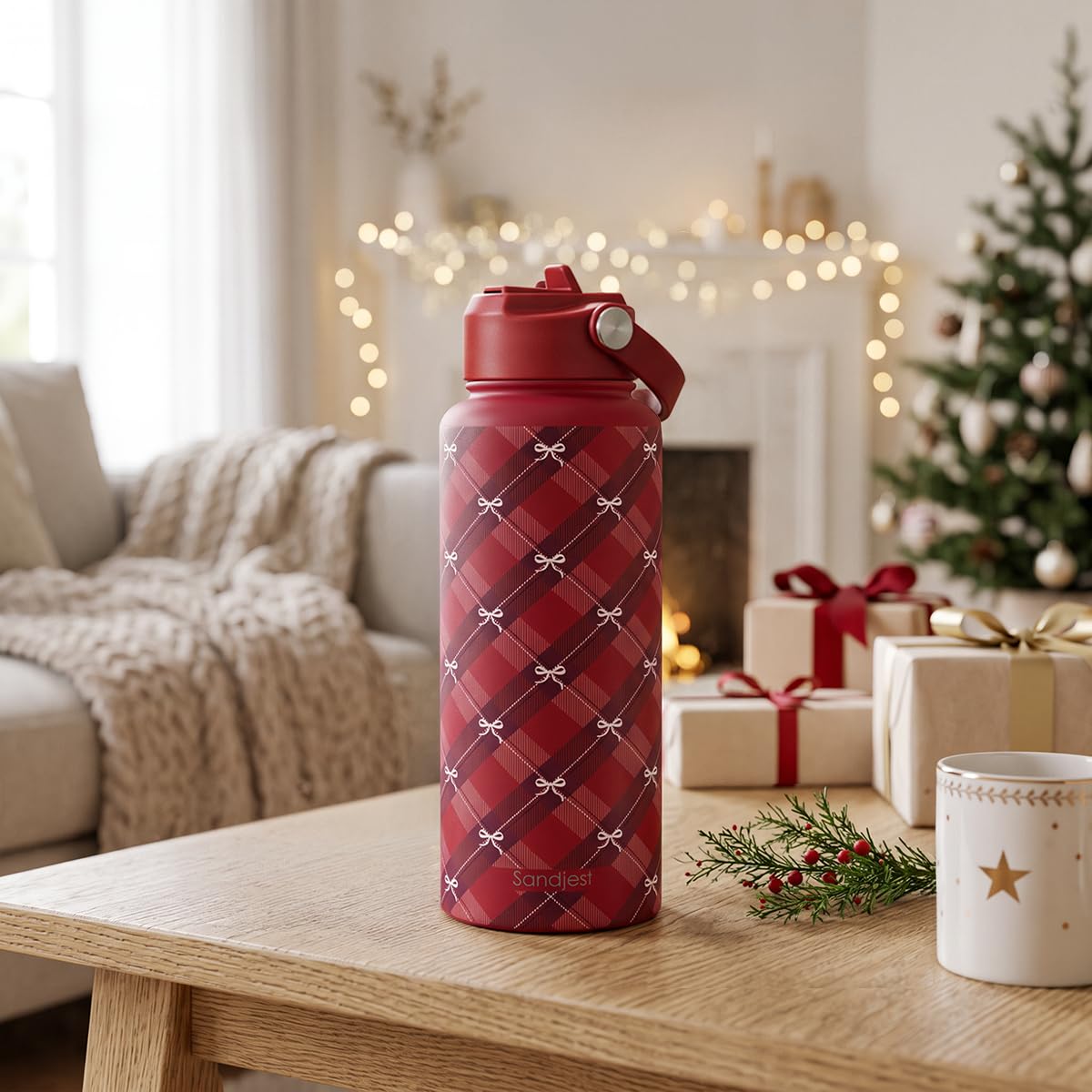 Stainless Steel Water Bottle 32 Ounces with Lid & Straw (Christmas)