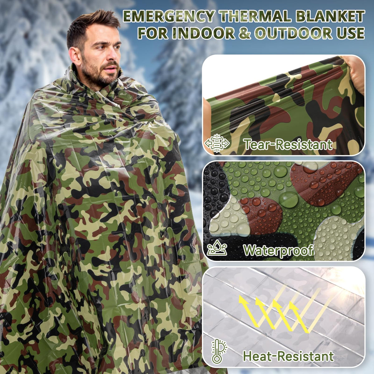 Survival Emergency Thermal Blankets (Woodland Camo / 4 Pack)