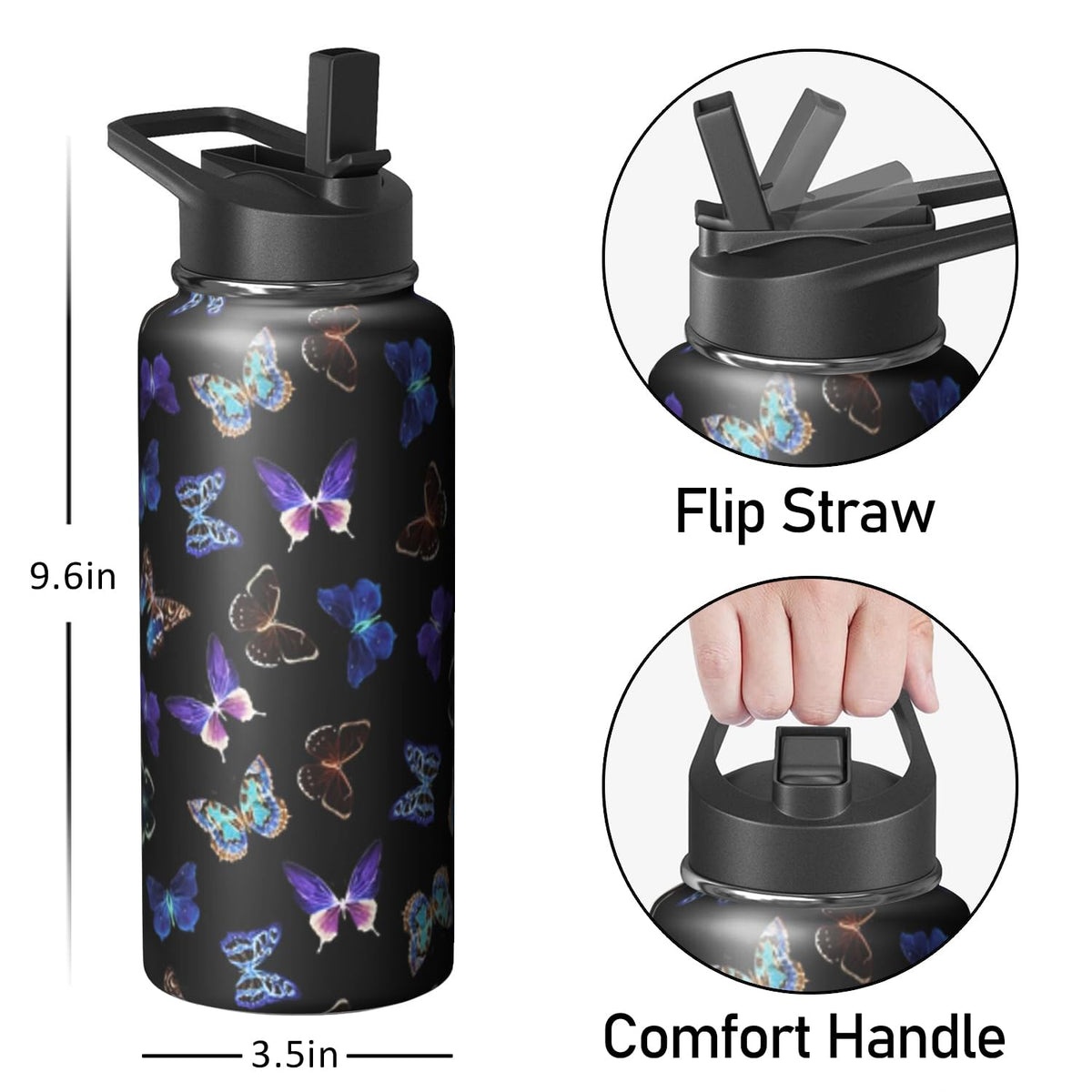 32oz Butterfly Water Bottle with Handle and Flip Straw (Butterfly / 32 Ounces)