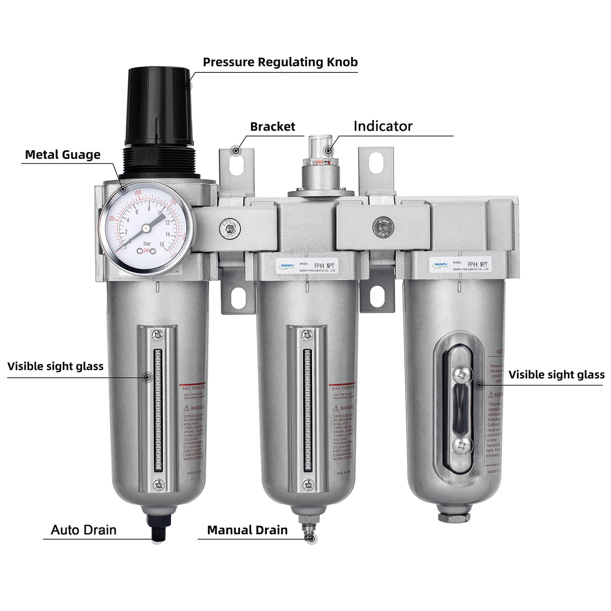 1 2" NPT Industrial Air Compressor Filter Dryer Regulator (1/2" NPT, Auto Drain / 3 Stage)