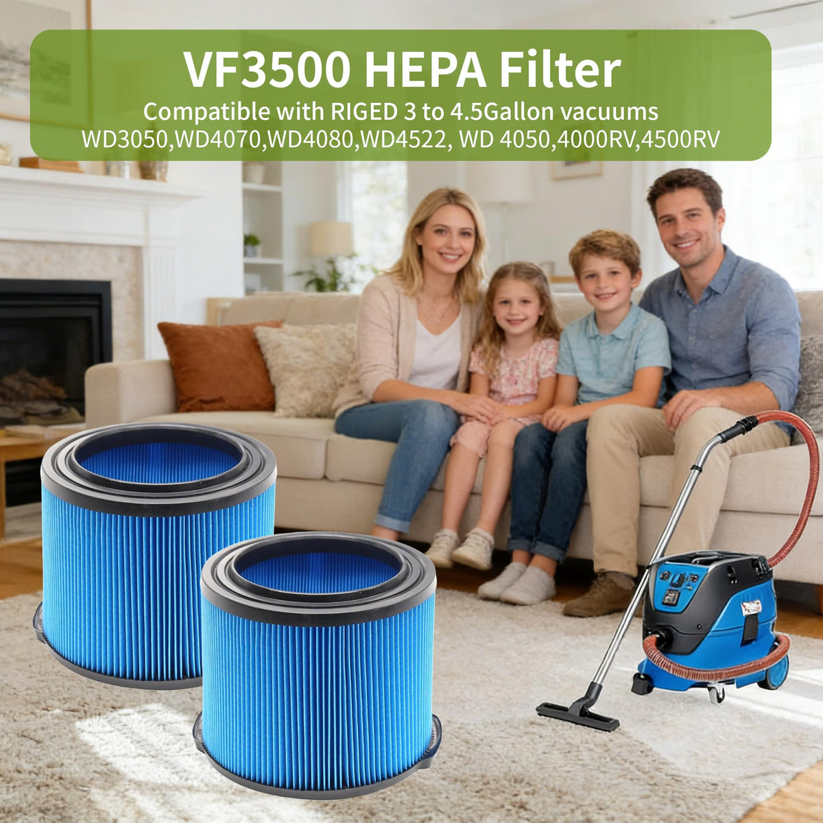 2 Pack Wet Dry Vac Filter VF3500 3 Layer Fine Filter (2VF3500)
