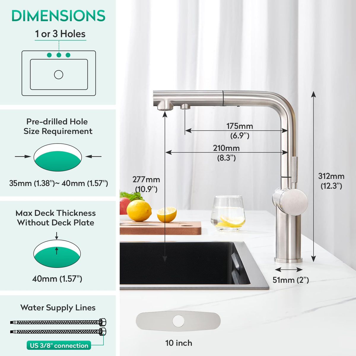 3 Way Kitchen Faucet with Pull Down Sprayer & Water Filter Built (Brushed Nickel)