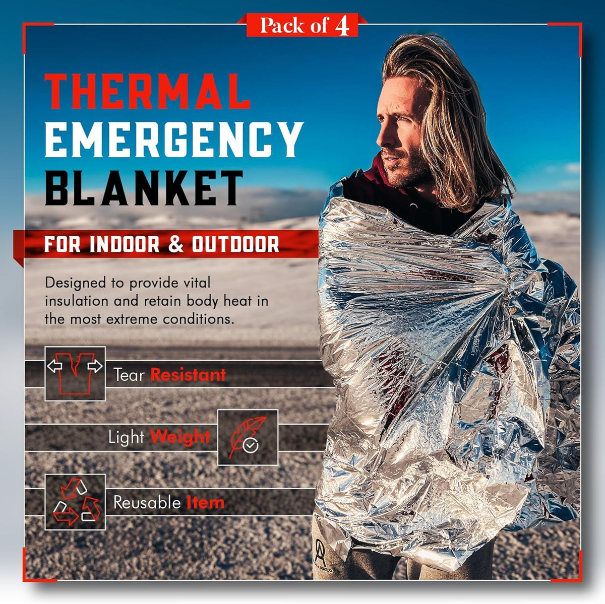 Emergency Blanket Mylar Thermal Space Survival Gear & Supplies 4 (Silver / 4 Pack)