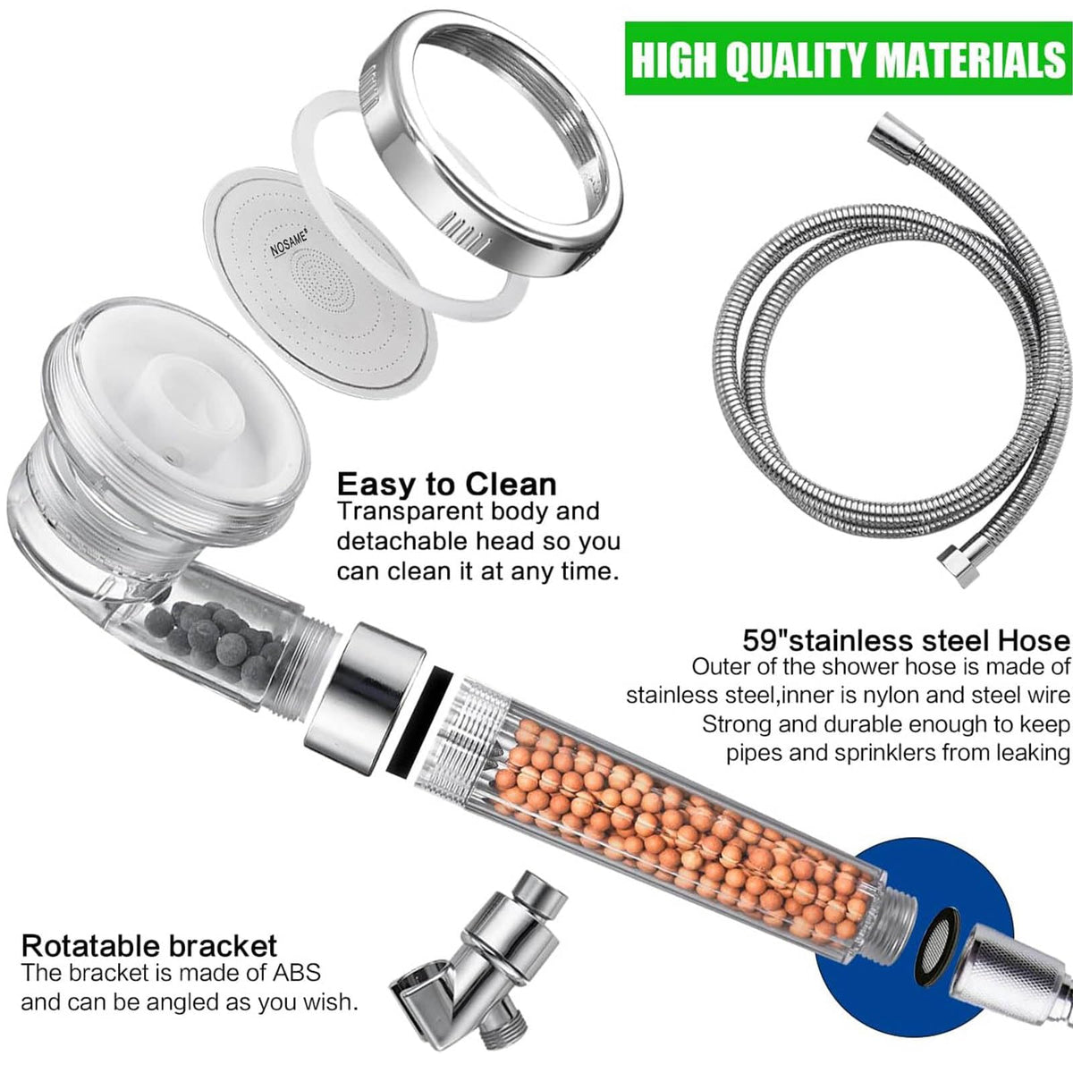 Shower Head Filter Filtration High Pressure Water Saving 3 Mode Function Spray Handheld Showerheads 1.6 GPM for Hair & Skin (Clear Shower Head + Hose + Bracket)