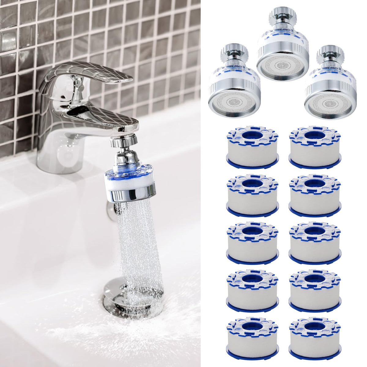 3 Pack Sink Water Filter Faucet and 10 Filter Elements Set (A-13 Pcs)