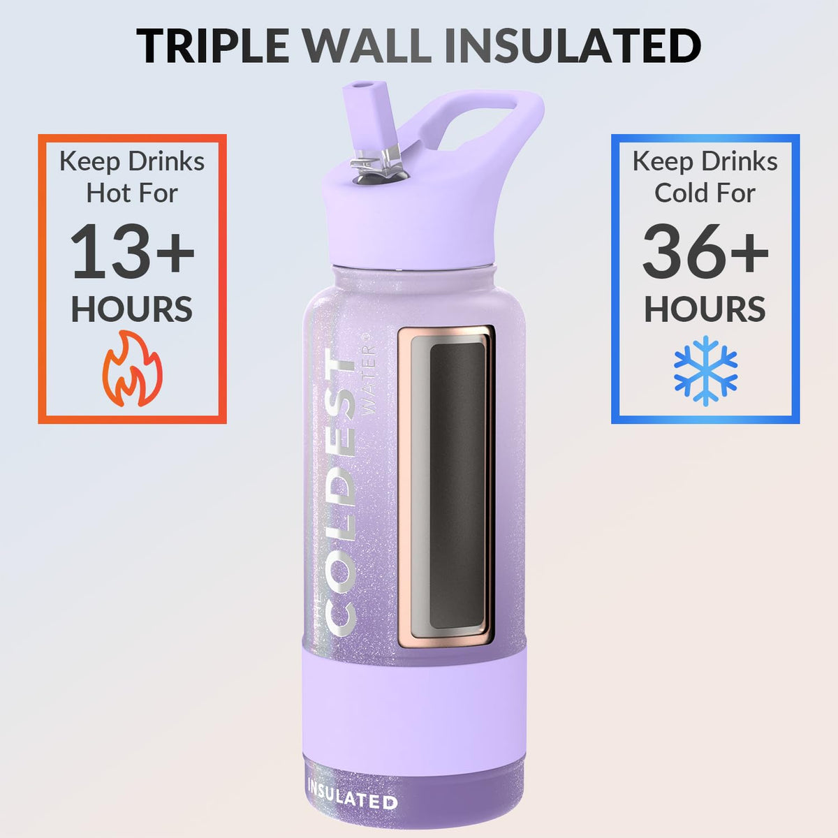 Coldest Insulated Water Bottle with Straw Lid (32 oz / Purple Ombré Glitter)
