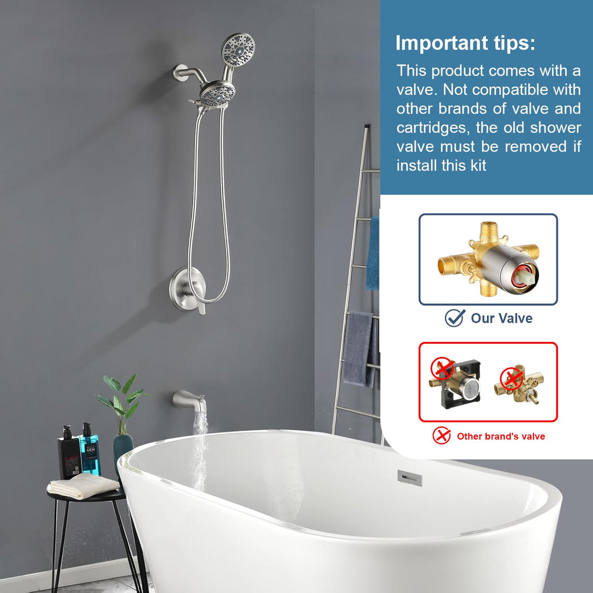 Tub and Shower Faucet Set Complete Dual Shower Head and Handheld 2 in 1 Combo Set Shower System with Tub Spout Tub and Shower Trim Kit Brushed Nickel (Brushed Nickel / With tub spout)