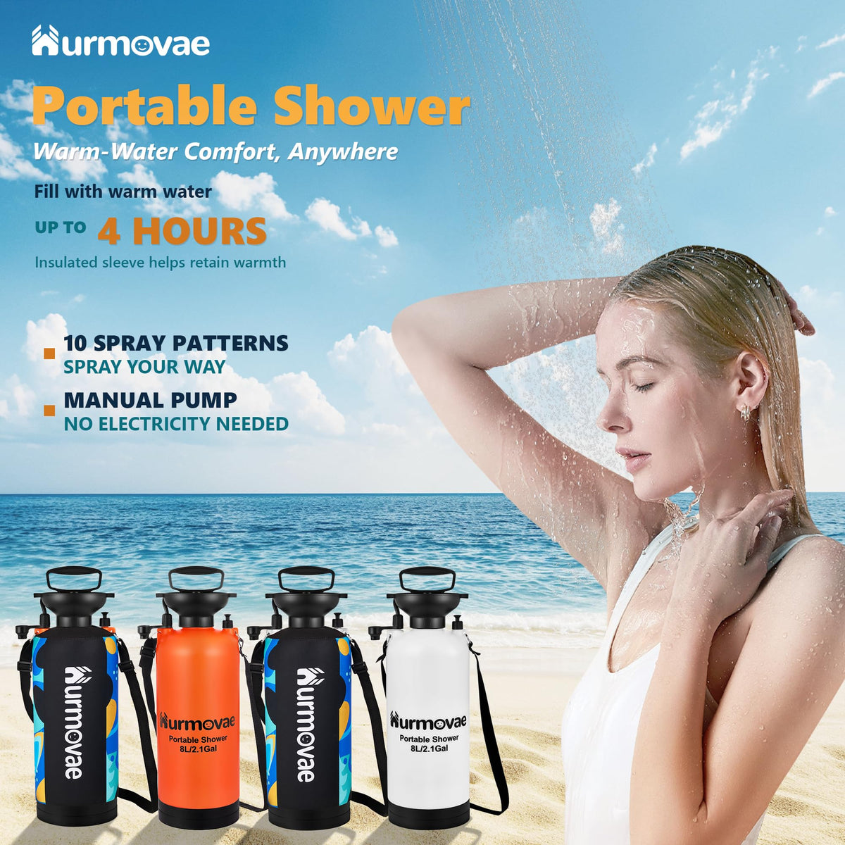 8L/2.1-Gal Portable Shower for Beach & Camping, 10 Spray Patterns (White-8L)
