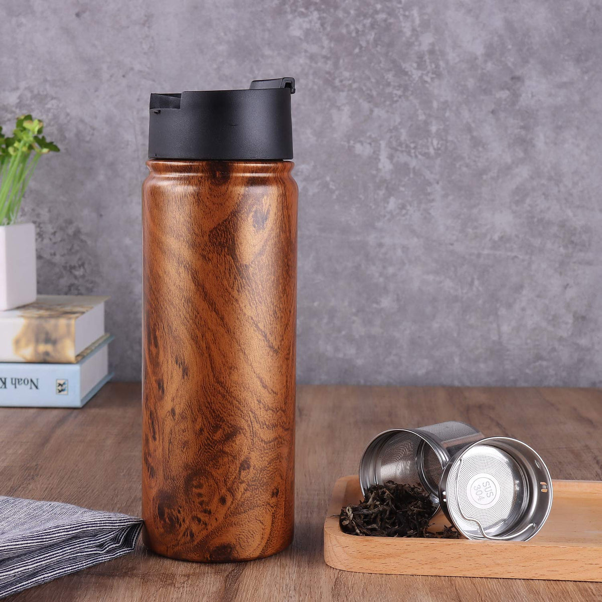 Tea Infuser Bottle With Removable Loose Leaf Tea Strainer (Wood / 18 Ounces)