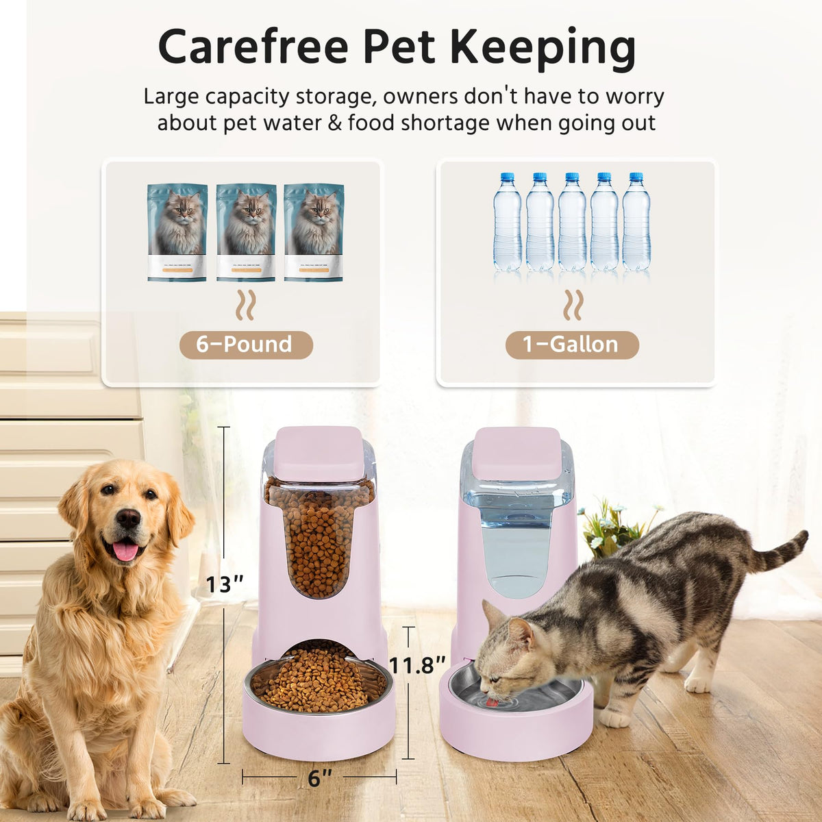2 Pack Automatic Cat Feeder and Stainless Steel Water Dispenser (1 Gallon x 2 - Violet)