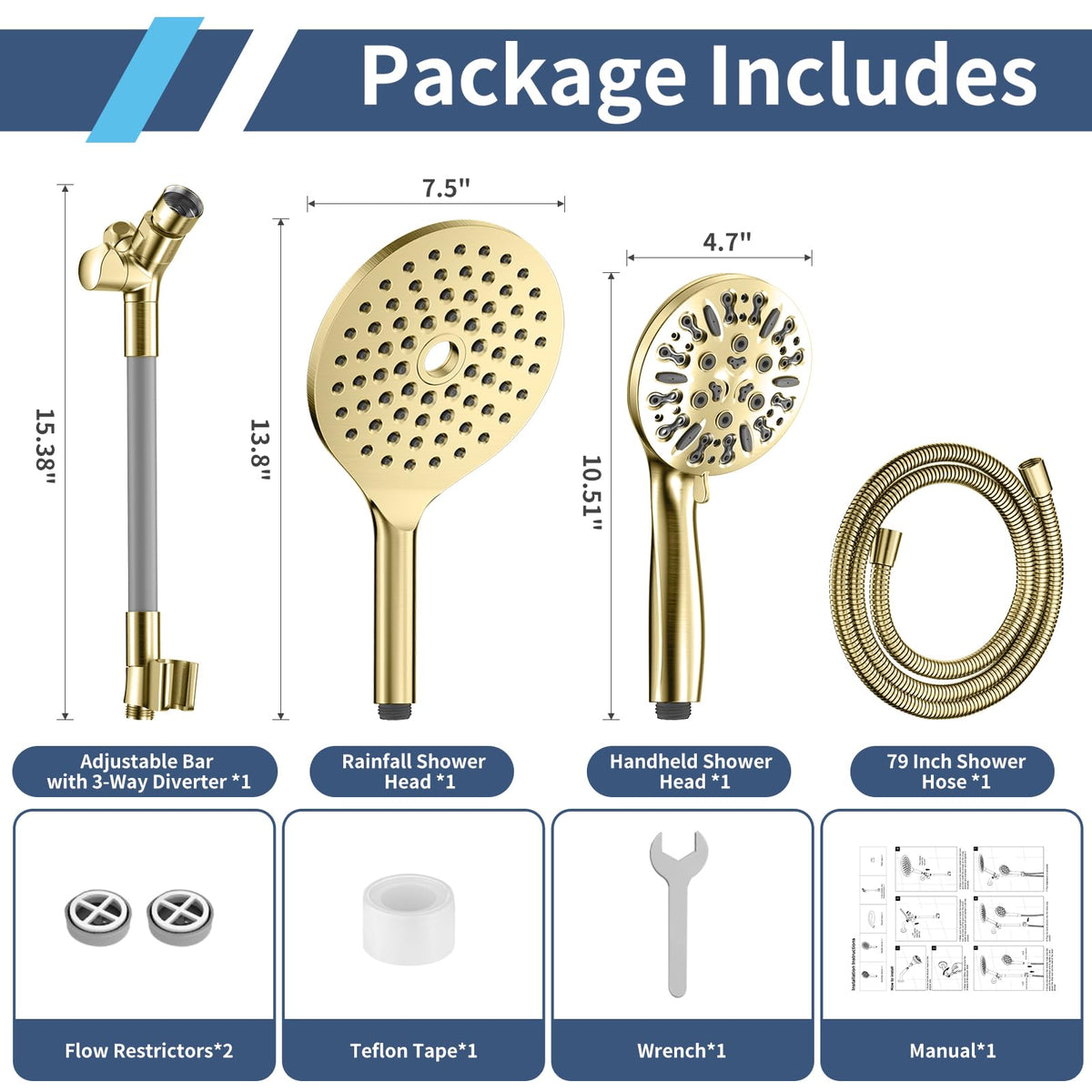 High Pressure Dual Shower Head with Handheld Spray Combo (Brushed Gold)