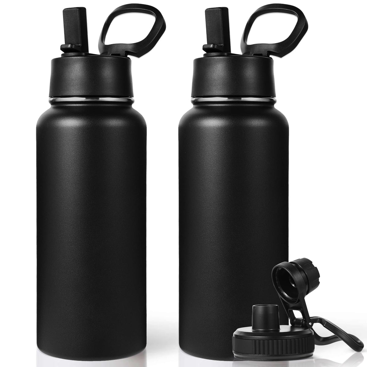 32 oz Insulated Water Bottles with 2 Lids (Black)