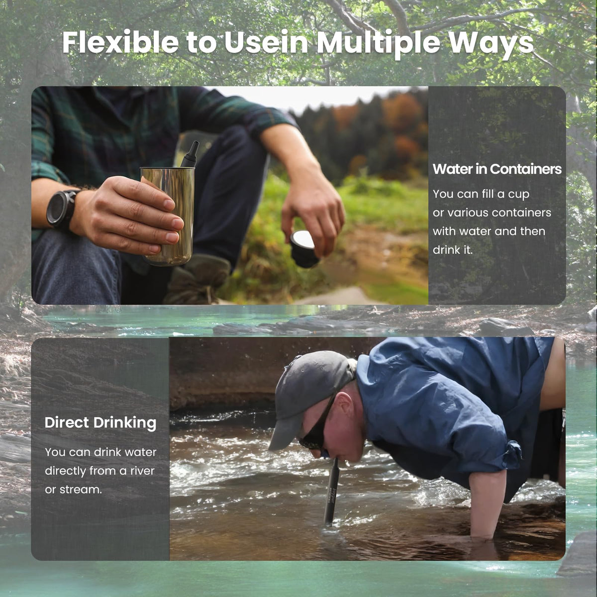Portable Water Filter Straw for Backpacking (3PACK / Blue+Green+Black)