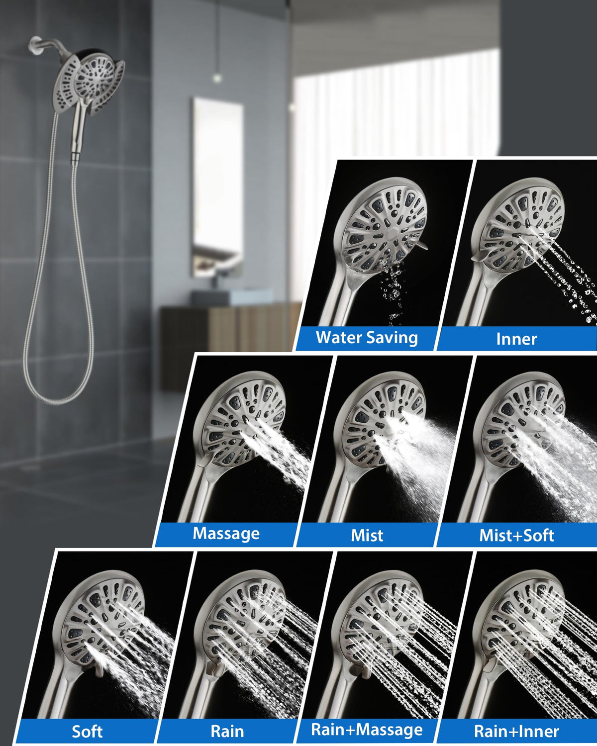 2 in 1 Shower Head with Handheld Combo High Pressure Nickel 2.5 GPM (Nickel / 2.5 GPM)