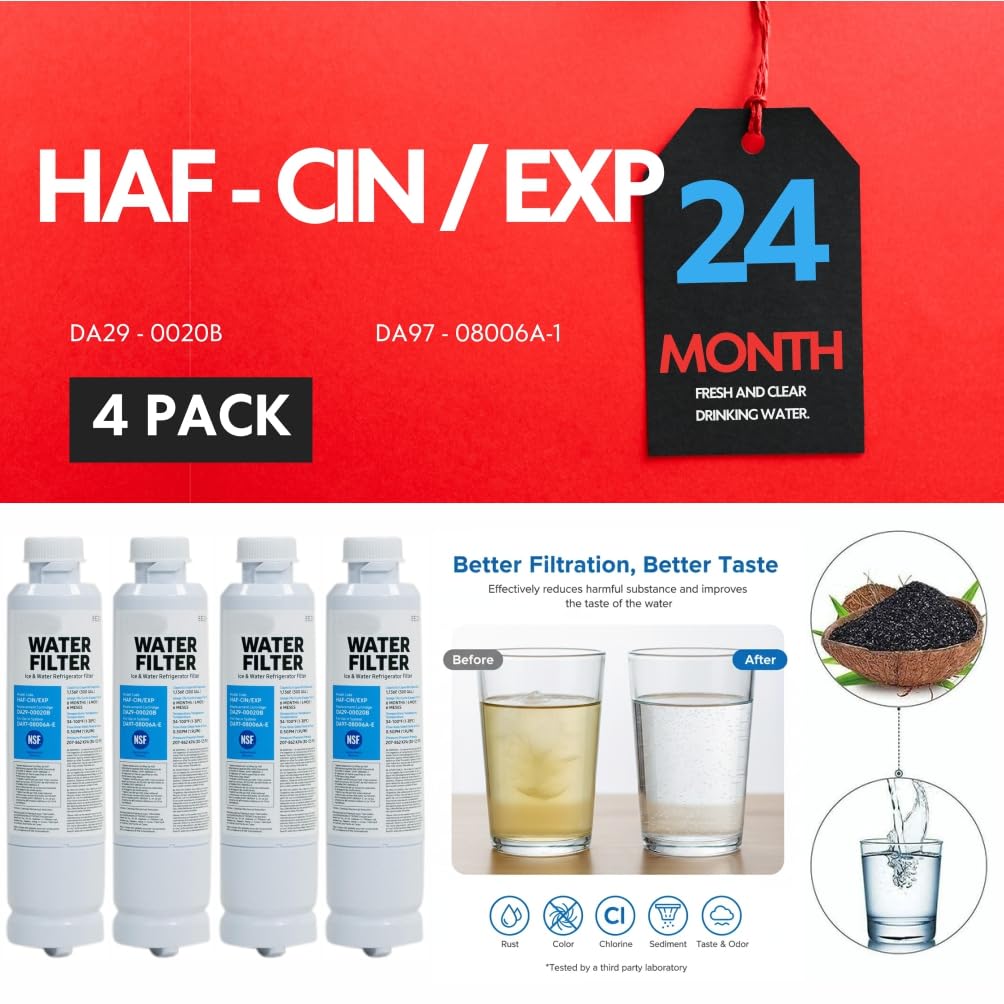 HAF-CIN/EXP DA29 Water Filter Replacement – Compatible with DA29-00020B – Carbon Block 99% Contaminant Reduction – Fresh Water & Ice – 24 Month Life 4 PACK (HAF-CIN)