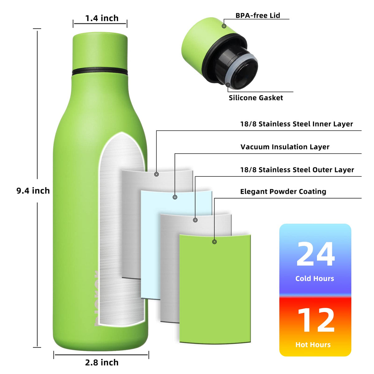 18oz Insulated Water Bottle (Green / 18 Ounces / 18oz)