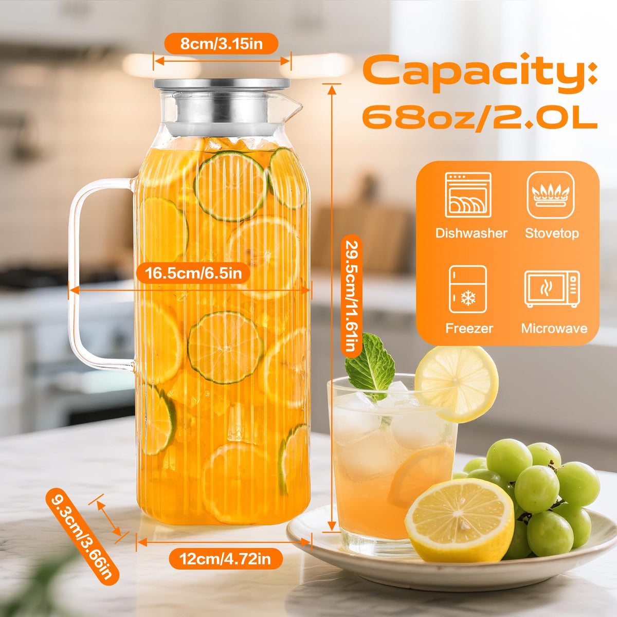 68oz Glass Pitcher with Lid and Handle for Fridge (Clear Striped)