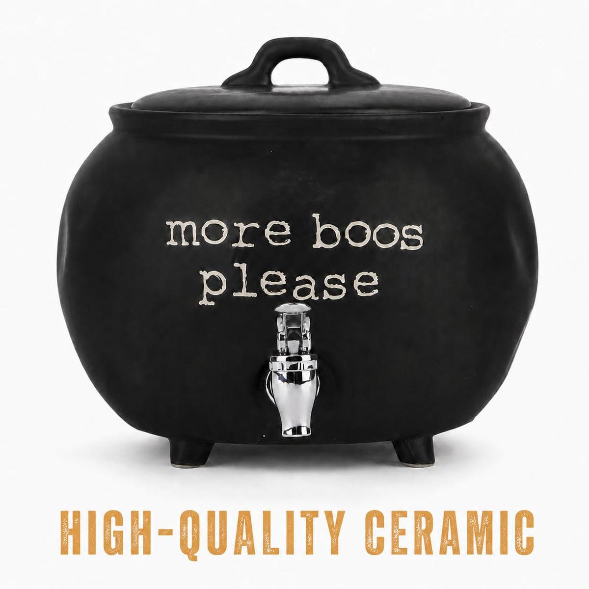 Black Ceramic Cauldron Beverage Dispenser & Candy Bowl With Easy Flow Spigot & Lid (Black)
