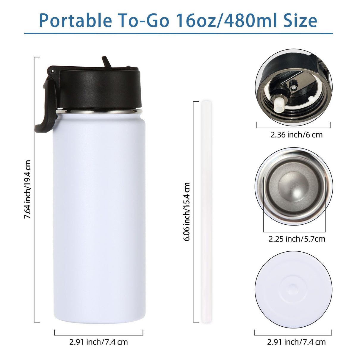 16oz Insulated Kids Water Bottle with Straw (White)