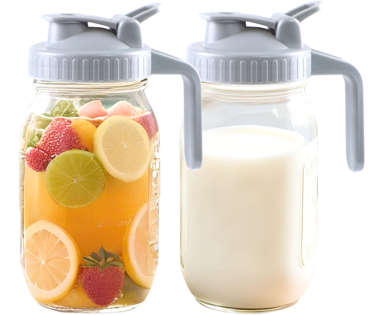Mason Jar Pitcher With Pour Lid 32 Oz Glass Breast milk Storage Jug 1 Quart Wide Mouth Glass Tea Pitcher With Handle Creamer Container For Fridge Juice (Gray / 32 OZ 2PC)