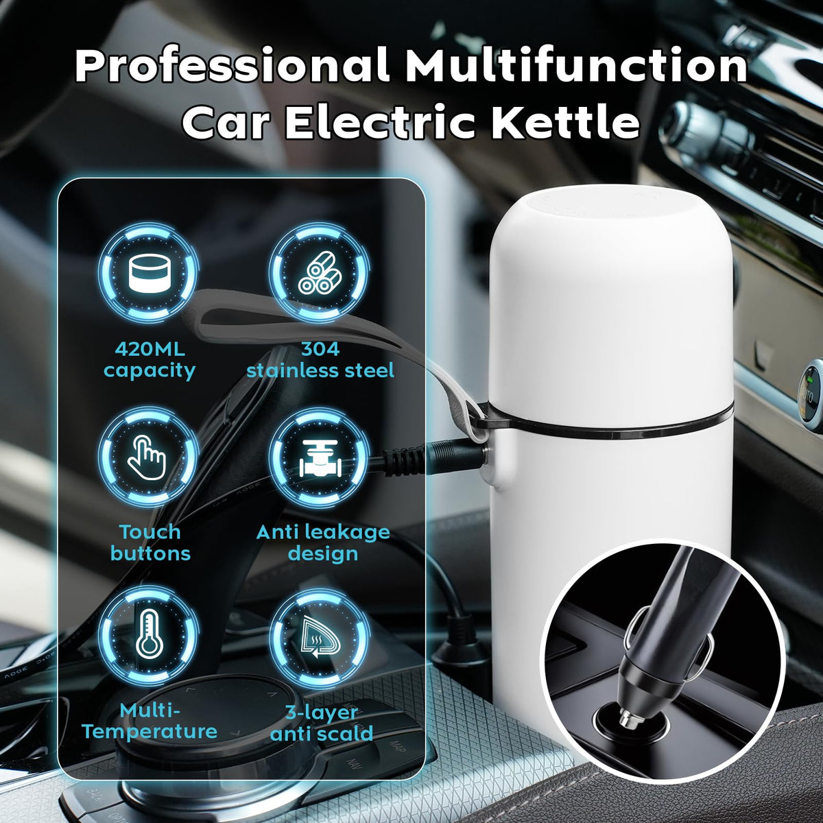 Car Kettle Portable Electric Travel Kettle (White)