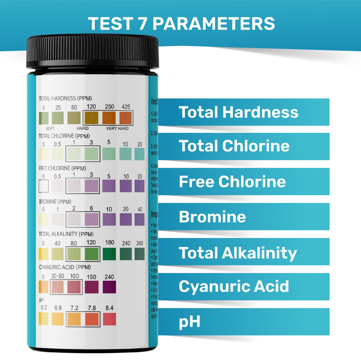 Pool Test Strips for Pools and Spas (200 STRIPS - 7 IN 1 POOL TEST STRIPS)