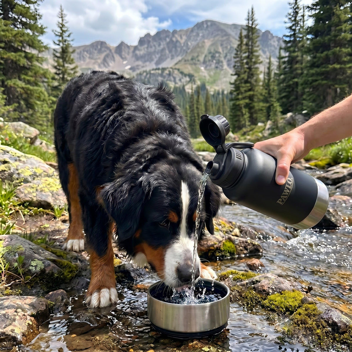 Outdoor Dog Water Bottle with 2 Stainless Steel Bowls (Black)