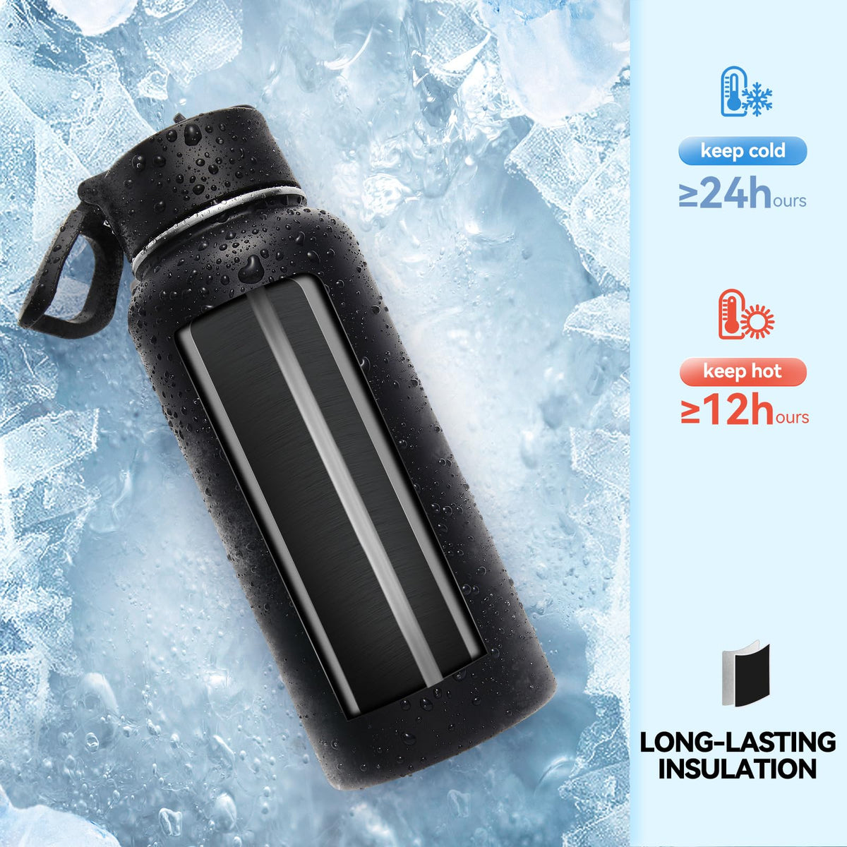 32 oz Insulated Water Bottles with 2 Lids (Black)
