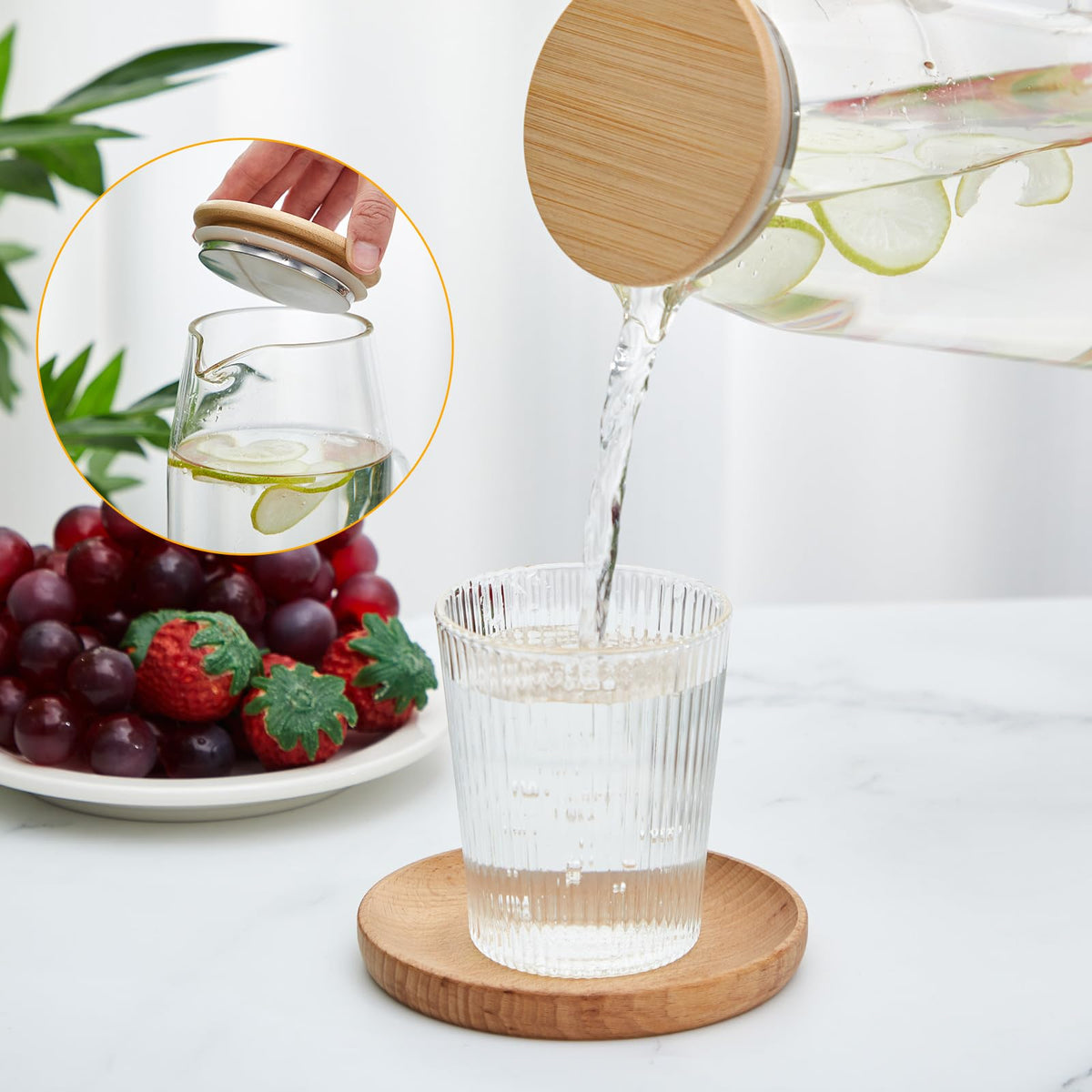 2 Sets Glass Pitcher with Lid Water Carafe (Bamboo Lid / 2l)