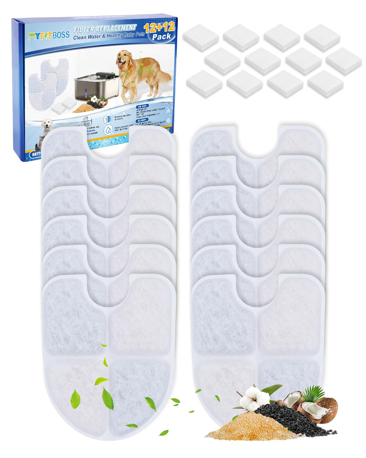 Cat Water Fountain Filters Compatible with FEELNEEDY 3 Gal (White / 12 Filters+12 Sponges)