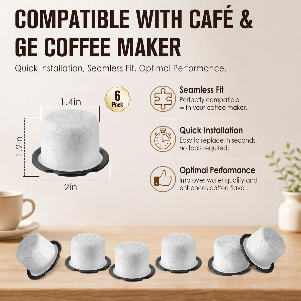 6 Pack Coffee Water Filter Compatible with Cafe and GE Profile