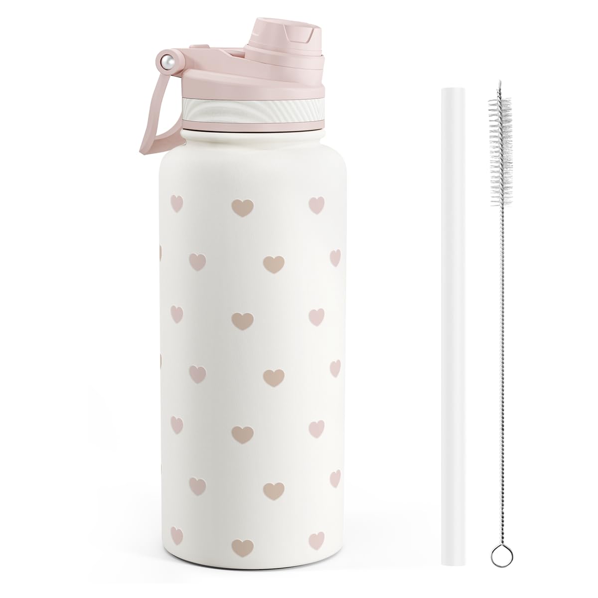 Beige Heart Stainless Steel Water Bottle with Strap 32oz (Heart 1)