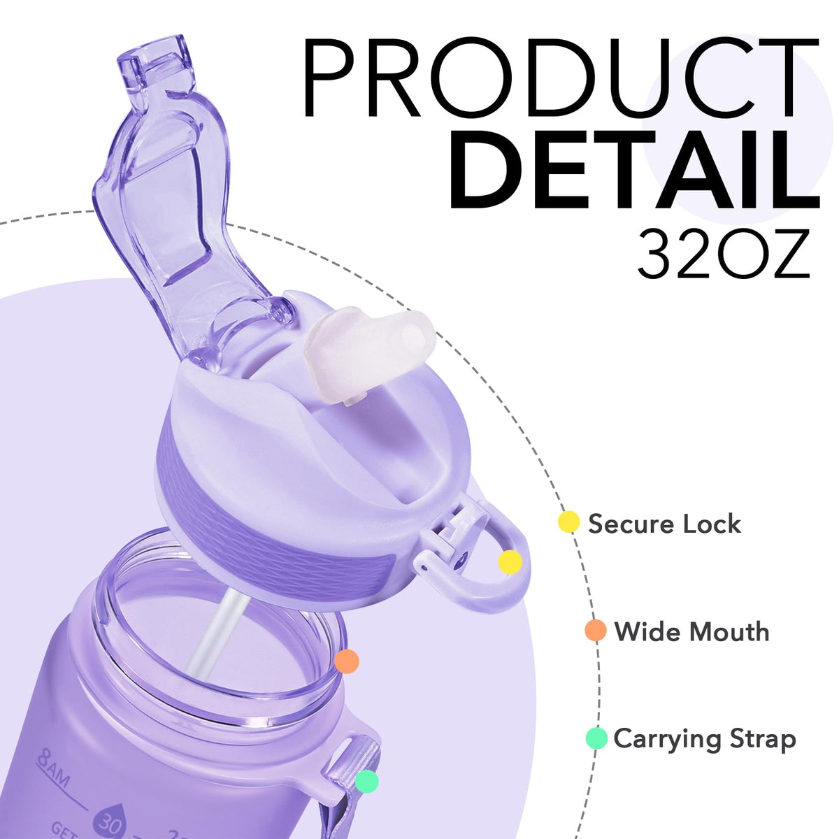 Plastic Water Bottle With Straw & Time Marker (Matte Lilac)