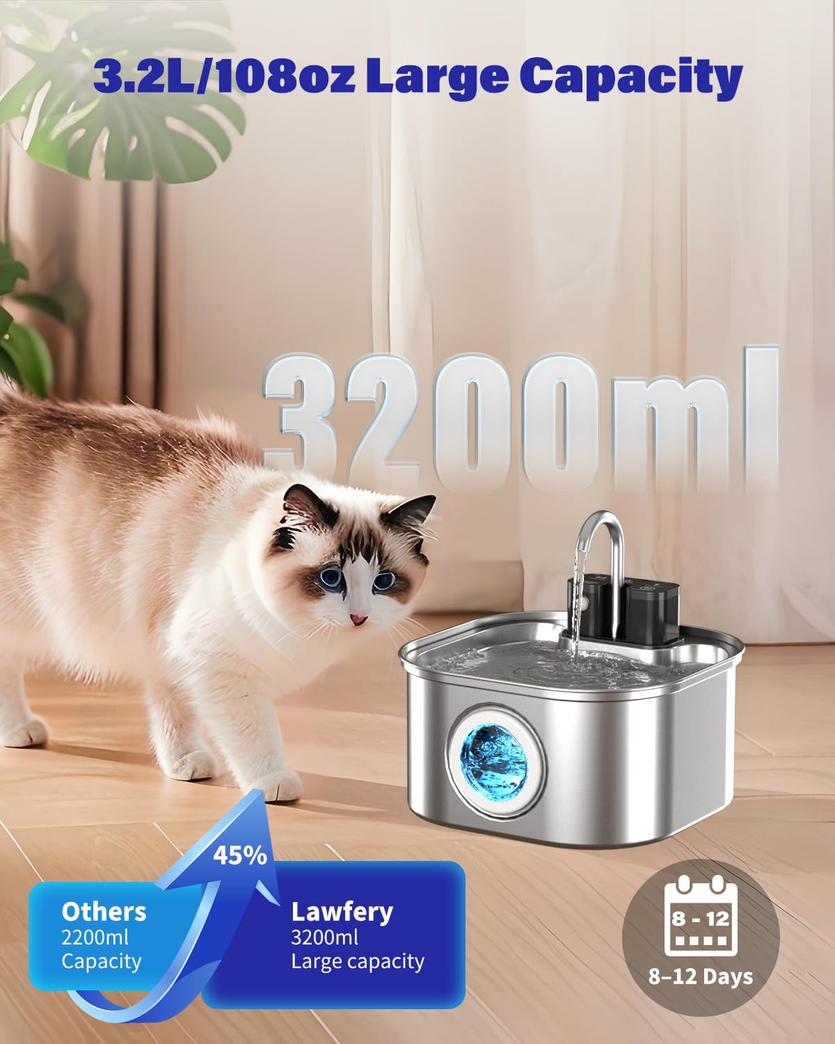 3.2L 108oz Wireless Stainless Steel Cat Water Fountain
