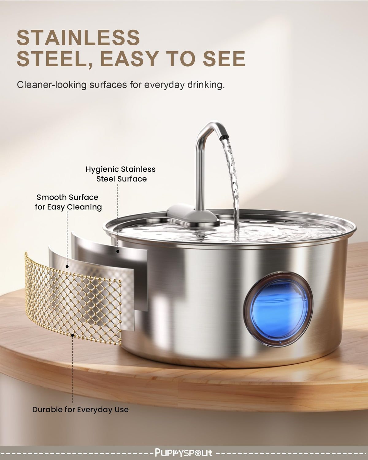 Ultra Quiet Stainless Steel Cat Water Fountain with 3 Filters