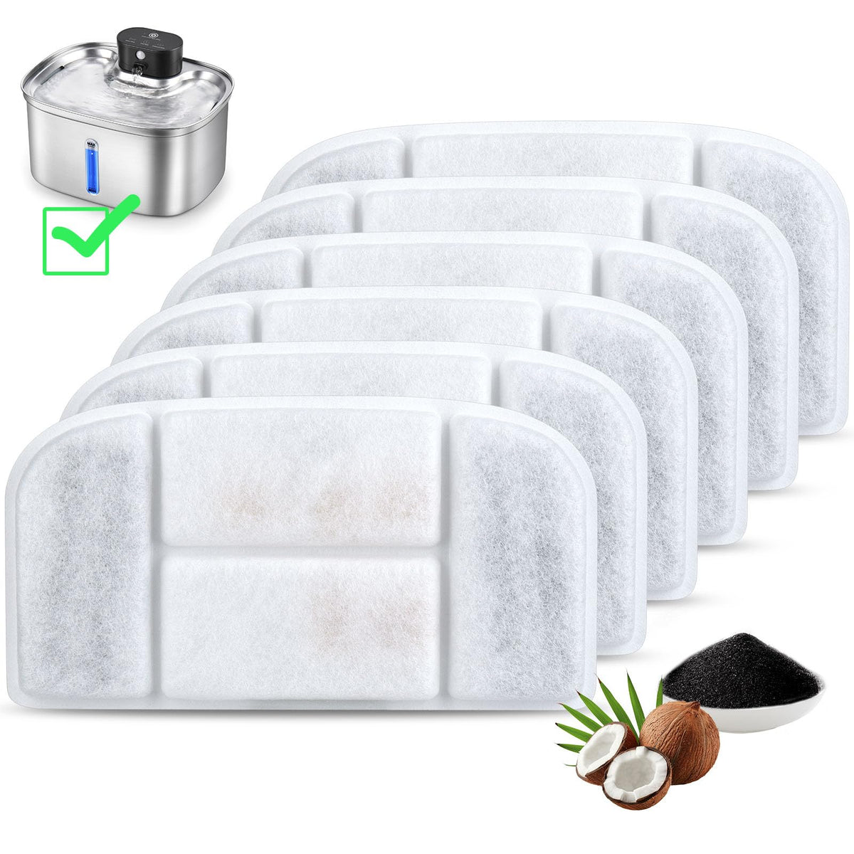 5L Wireless Cat Water Fountain Filters 6 Pieces Triple Filtration System Replacement Filter Fit for 5L Cat Pet Fountain