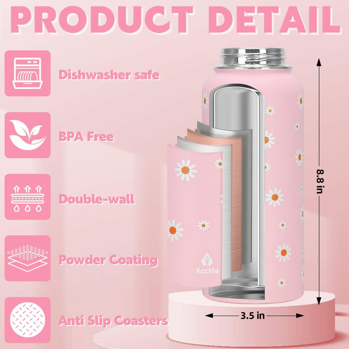 32oz Pink Daisy Insulated Water Bottle for Women with Straw (Pink Daisy / 32 Ounces)