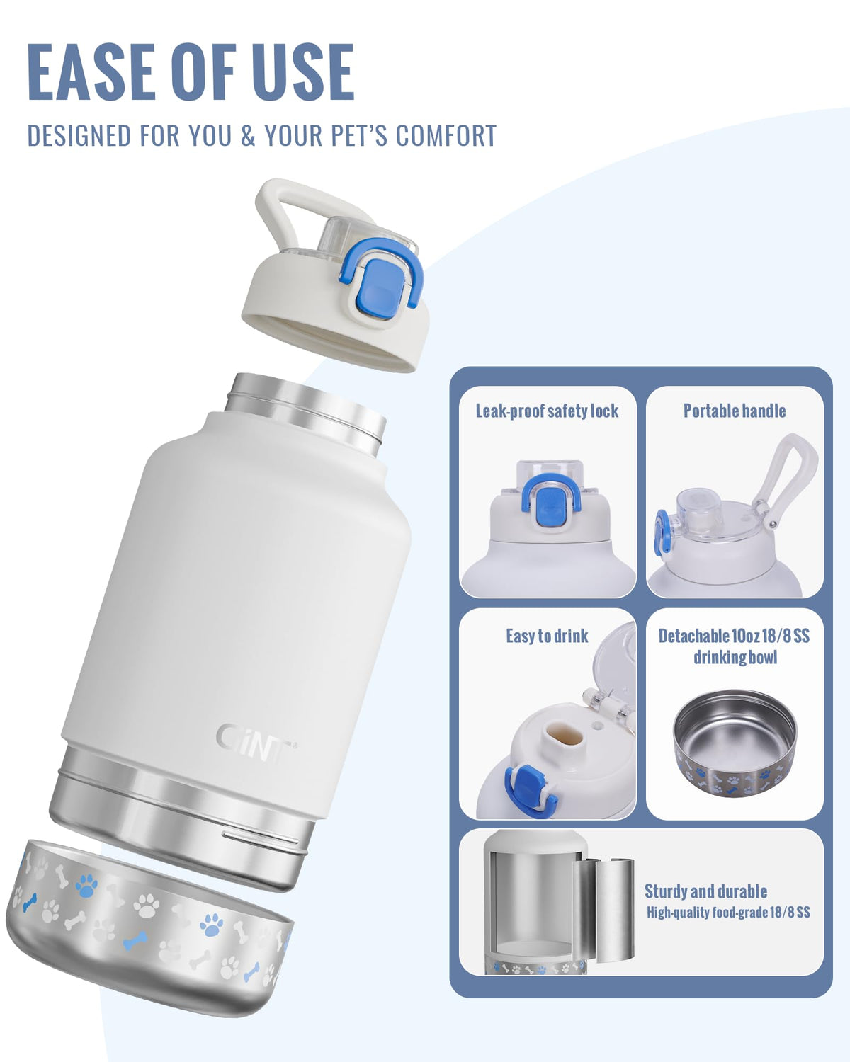 37oz 1.1L Insulated Dog Water Bottle with Carrying Case (White)
