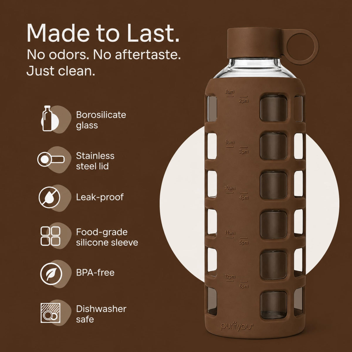 40oz / 32oz / 22oz / 12oz Borosilicate Glass Water Bottle with Time & Volume Markers, Silicone Sleeve, Stainless Steel Lid | Reusable Glass Bottle for Water & Juice (Earth Brown (1 Count) / 40 Ounces)