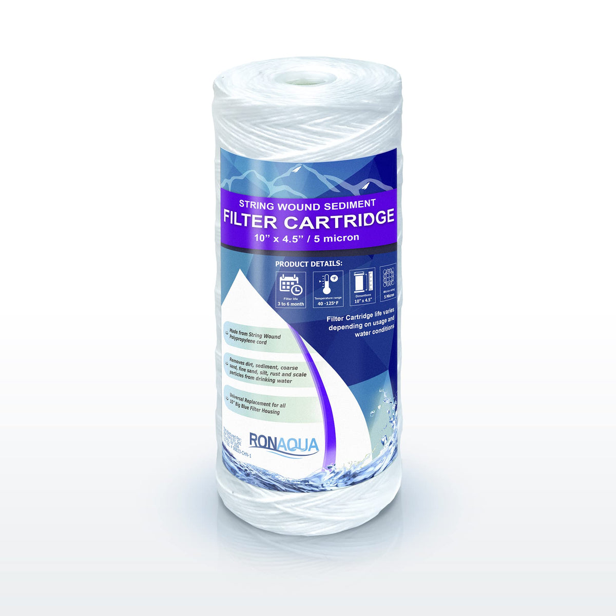 High Capacity Wound String 5 Micron Sediment Water Filter Cartridge 10” x 4.5” Removes Sand