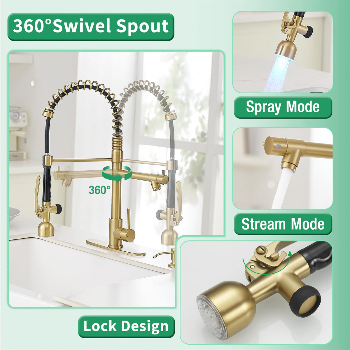 Commercial Kitchen Faucets with Pull Down Sprayer Brushed Gold LED (Gold Brushed)