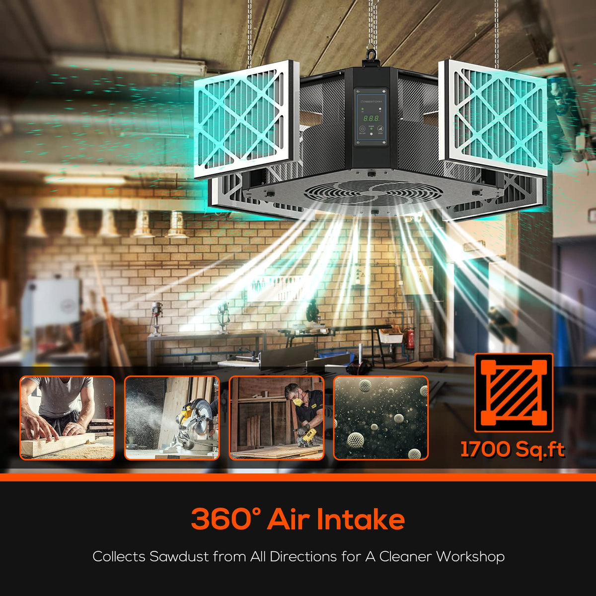 1350 CFM 360° Air Filtration System for Woodshop & Garage Black (Black)