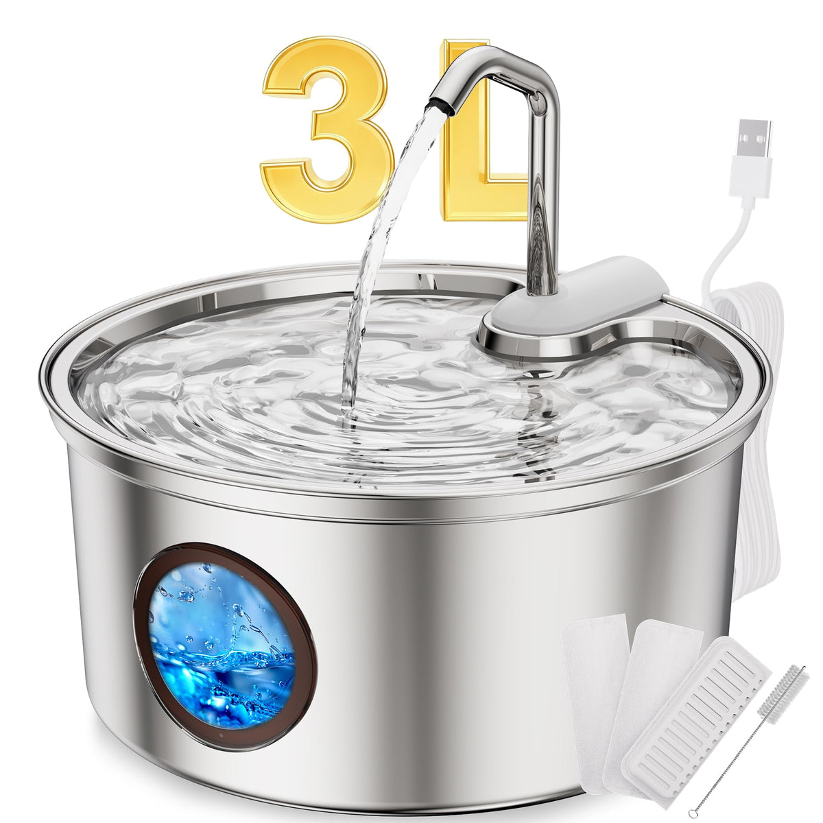 Ultra Quiet Stainless Steel Cat Water Fountain with 3 Filters