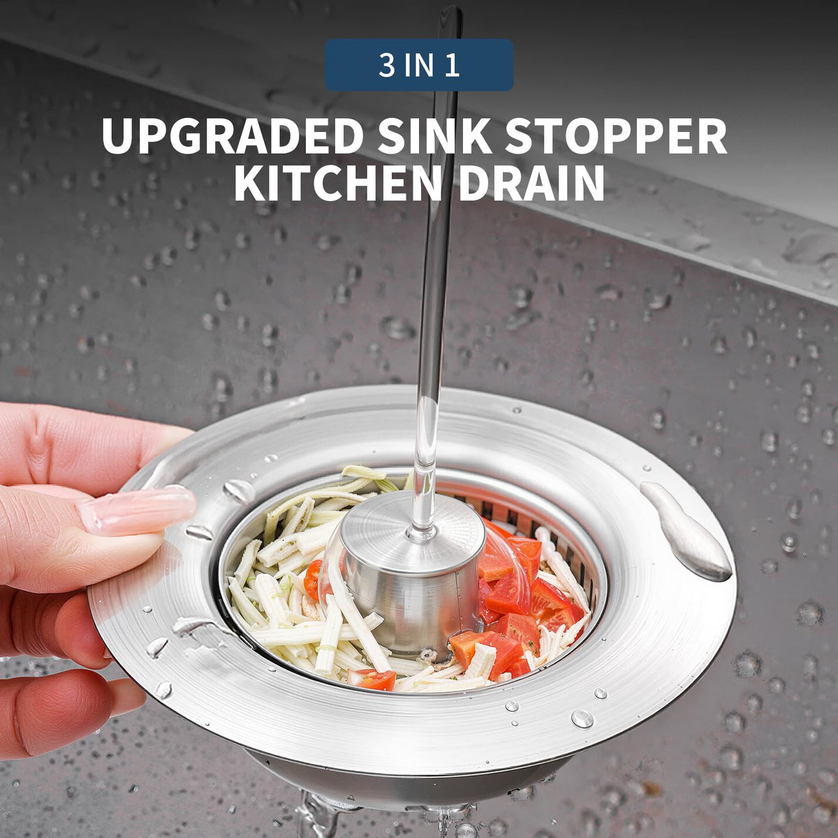 3-in-1 Kitchen Sink Drain Strainer Stopper – 304 Stainless Steel Pop Up Sink Plug with Filter Basket, Anti-Clog Design, Fits 3-1/2” US Standard Kitchen Sink Drains (Silver-sink Drain Stopper-1 Pack)